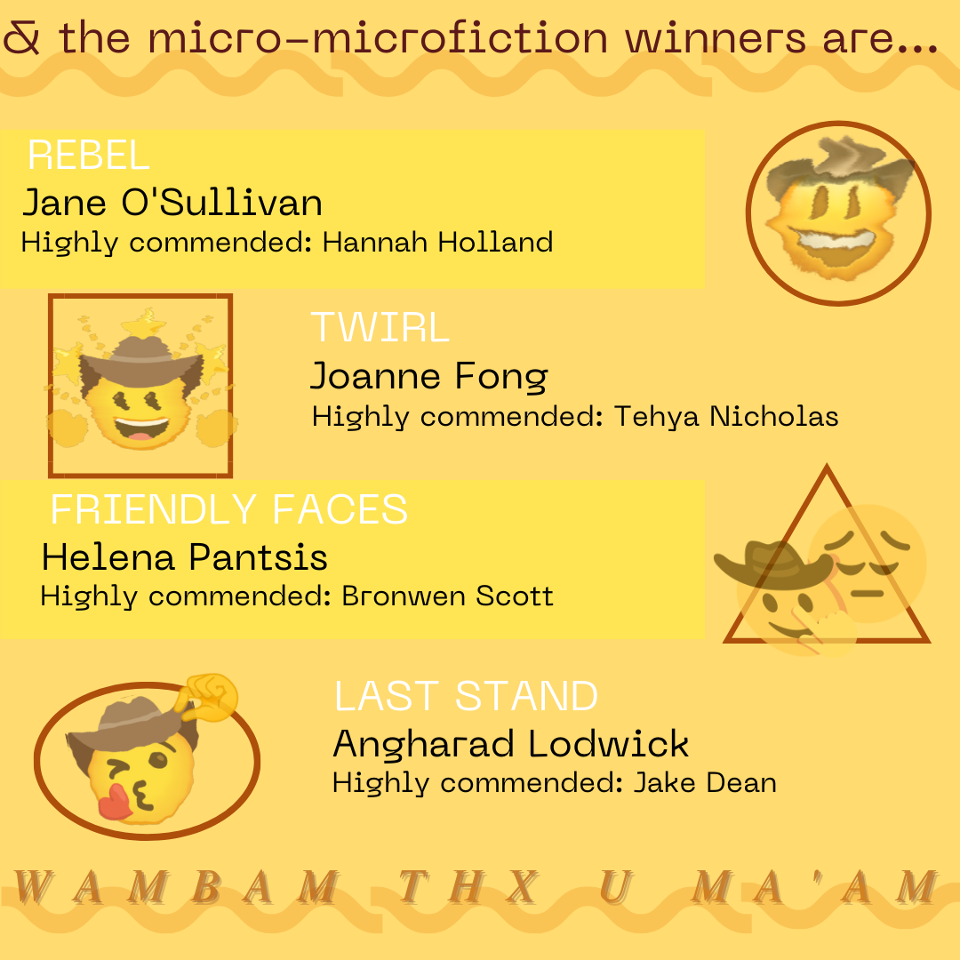 Tile announcing micro-microfiction challenge winners and highly commended entries. Yellow background with cowboy emojis. Text reads: DAY 1 REBEL – Winner: Jane O'Sullivan, HC: Hannah Holland DAY 2 TWIRL – Winner: Joanne Fong, HC: Tehya Nicholas DAY 3 FRIENDLY FACES – Winner: Helena Pantsis, HC: Bronwen Scott DAY 4 LAST STAND — Winner: Angharad Lodwick, HC: Jake Dean Wambam Thx Y Ma'Am