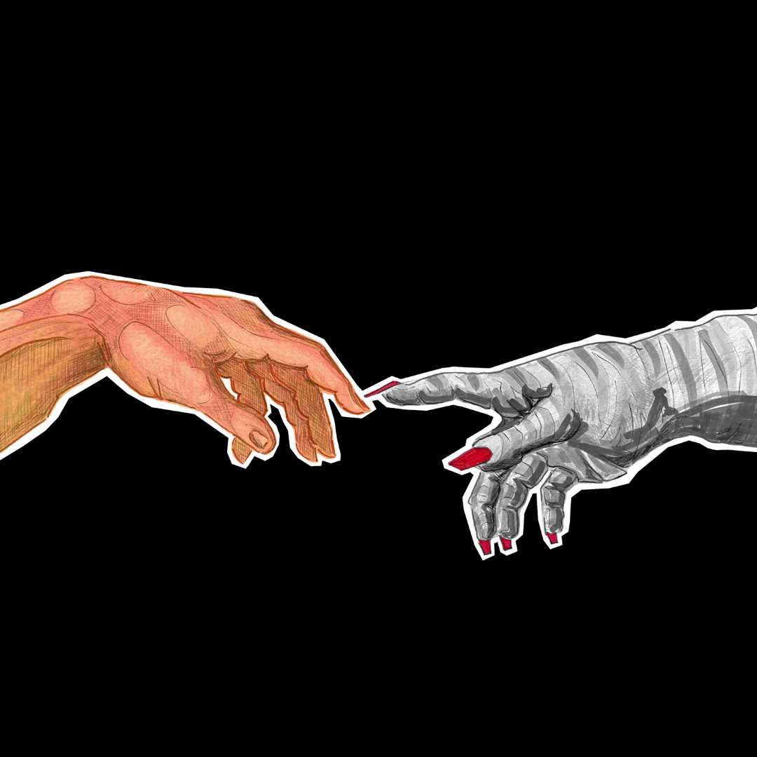 Two hands reaching out to touch one another in the style of 'The Creation of Adam'. One orange hand has short nails, the other black and white hand has a stripey glove and long nails in the style of the costumes in the musical Cats.