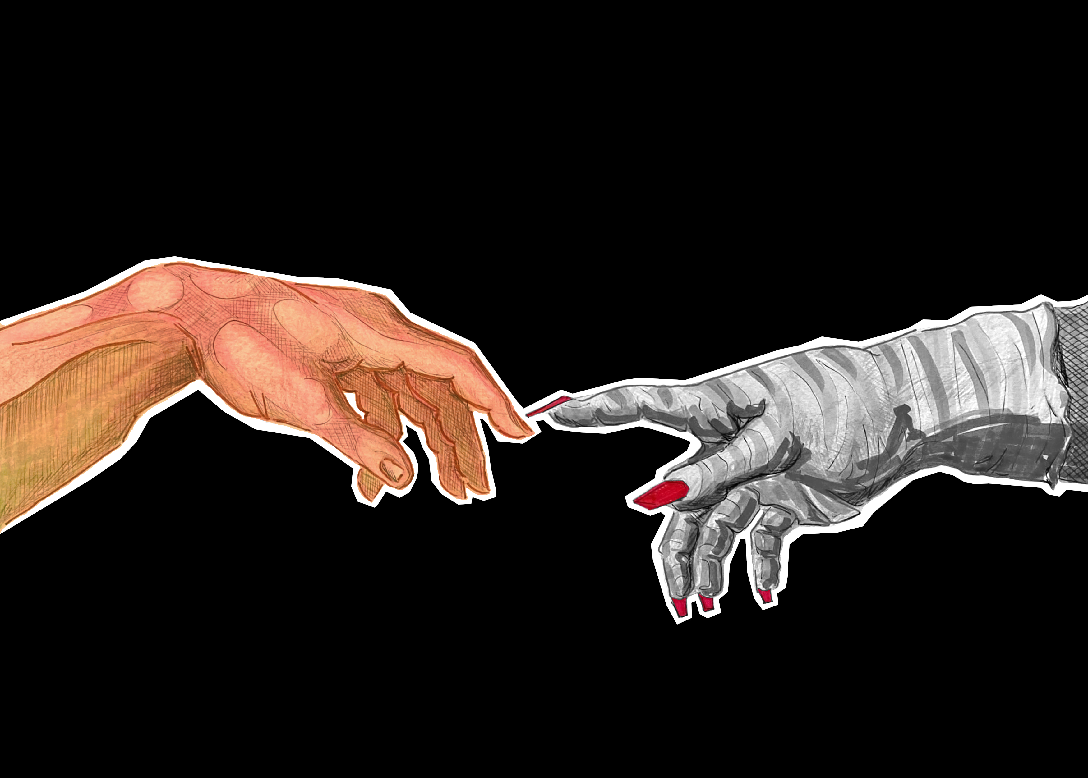 Two hands reaching out to touch one another in the style of 'The Creation of Adam'. One orange hand has short nails, the other black and white hand has a stripey glove and long nails in the style of the costumes in the musical Cats.