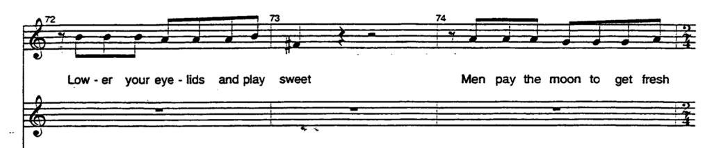 Screenshot of two bars of music from Act 1 of Miss Saigon, with the lyrics: Lower your eyelids and play sweet / Men pay the moon to get fresh / meat.