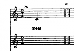 Screenshot of two bars of music from Act 1 of Miss Saigon, with the lyrics: Lower your eyelids and play sweet / Men pay the moon to get fresh / meat.
