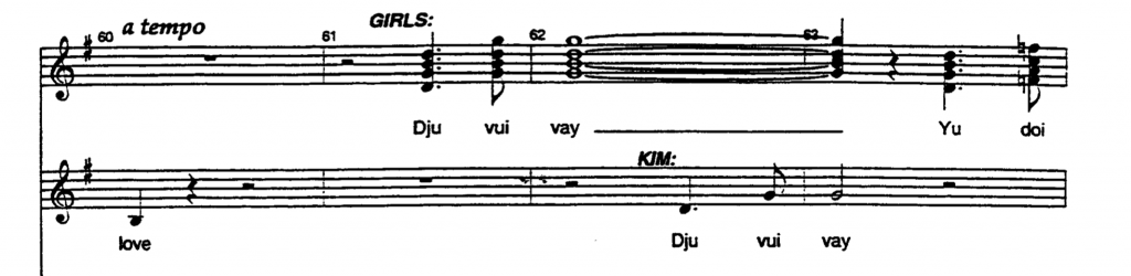 Screenshot of four bars of music from Miss Saigon, with the lyrics: love, dju vui vay, dju vui vay, yu doi; sung by GIRLS. The tempo is described as a tempo.