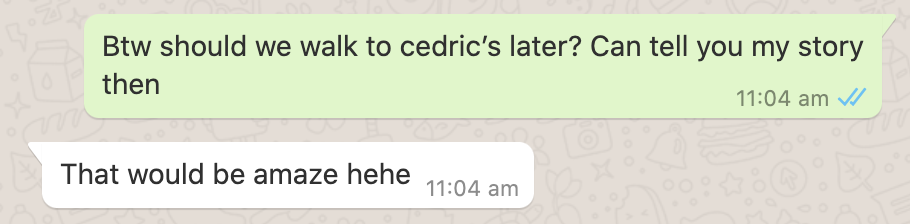 Screenshot of WhatsApp text messages between Lucia and Reina. Green text boxes on the right read: Btw should we walk to cedric’s later? Can tell you my story then. White text box on the left reads: That would be amaze hehe.