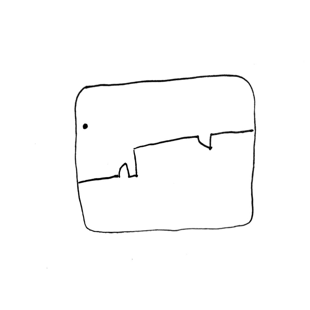 Drawing of square with jagged line running through it and dot.