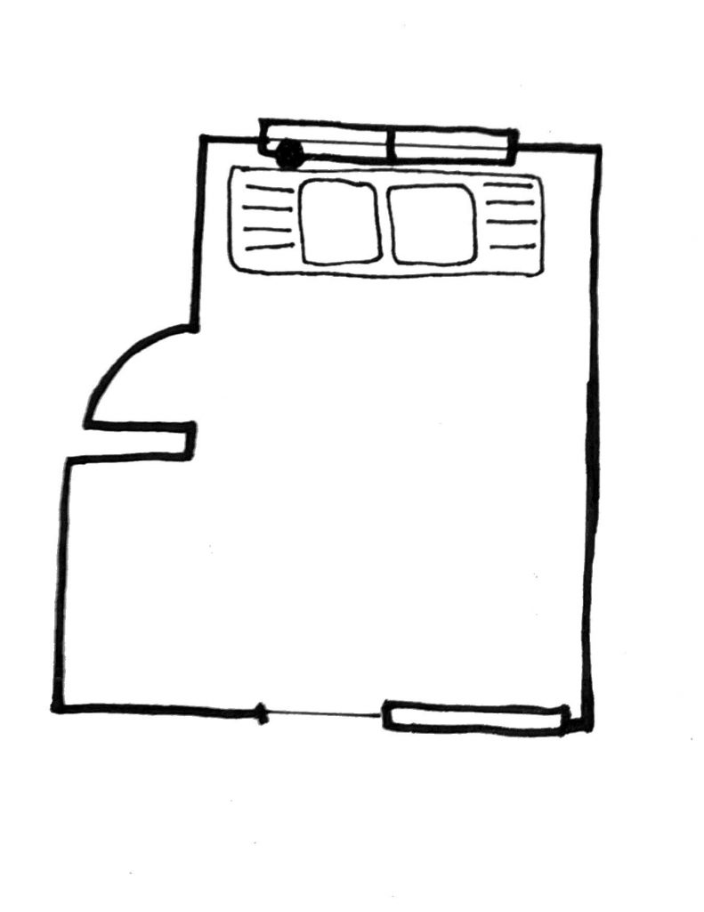 Drawing of floorplan of a kitchen with sink in top half, rest of room empty.