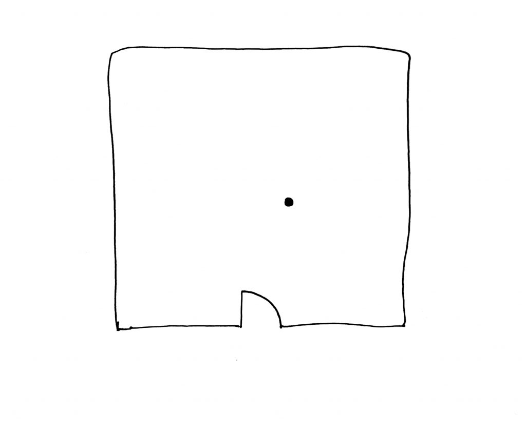 Drawing of a square with a door opening symbol on bottom side and dot inside.