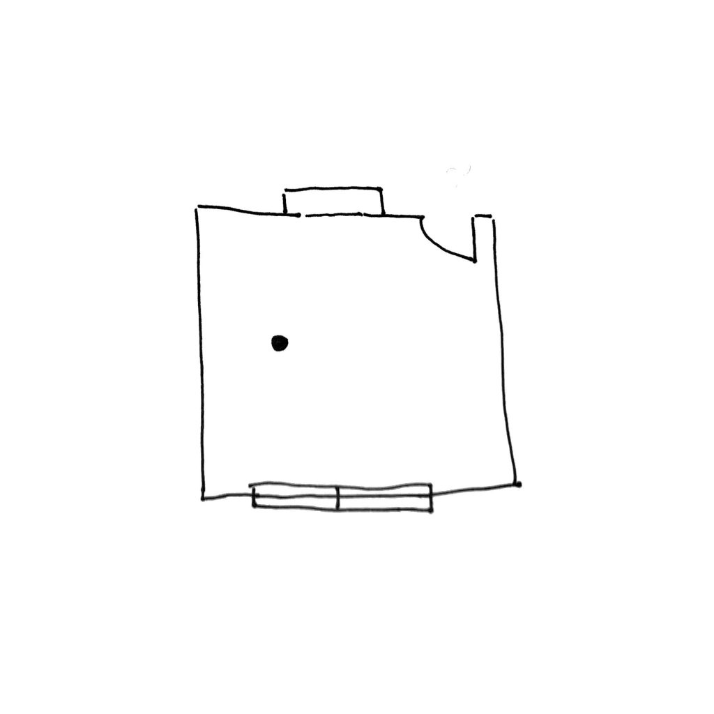 Floorplan drawing of square room with a few rectangles on the sides.