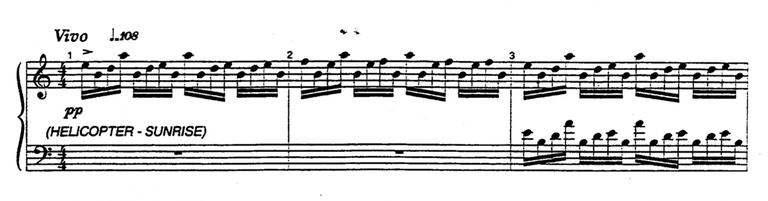 Screenshot of a bar of music from Act 1 of the Miss Saigon musical score. Text reads: (HELICOPTER - SUNRISE) in brackets.