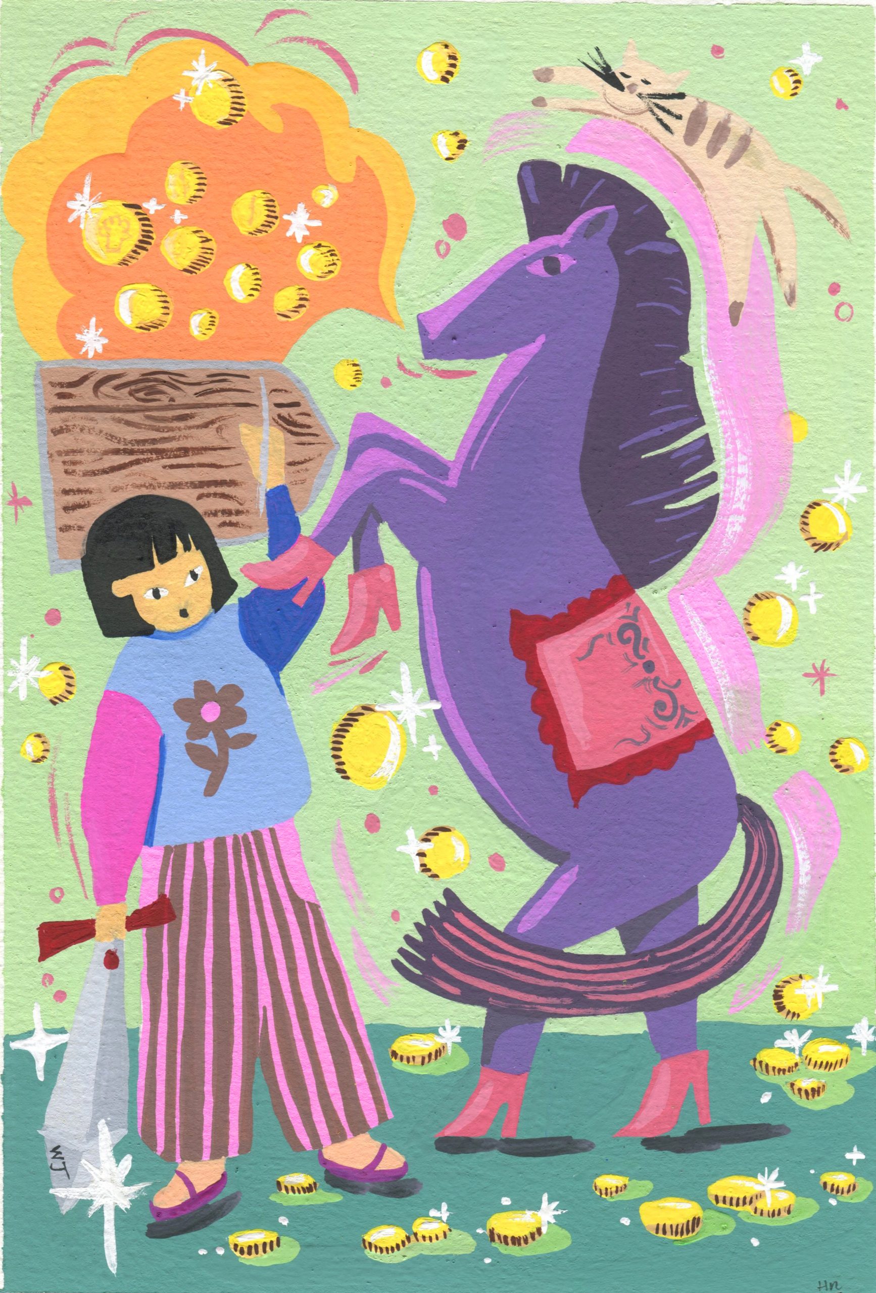 A painting with bold colours and shapes, of a young girl on the left-hand side with a black bob and in a pink and blue jumper with a flower on the front, stripey pink pants and slides with pink socks. In one hand she holds a glittering sword. She raises her right hand where it crosses over with the legs of the large purple horse rearing up on the right-hand side of the painting. The horse is standing on its hind legs, is wearing pink high-heeled boots on all four feet, and has a long swishing tail. The figures are on an aqua background and turqouise floor, surrounded by sparkling golden coins. The horse has an orange cloudy speech bubble filled with more coins. A cheeky little beige cat rests on top of the horse.