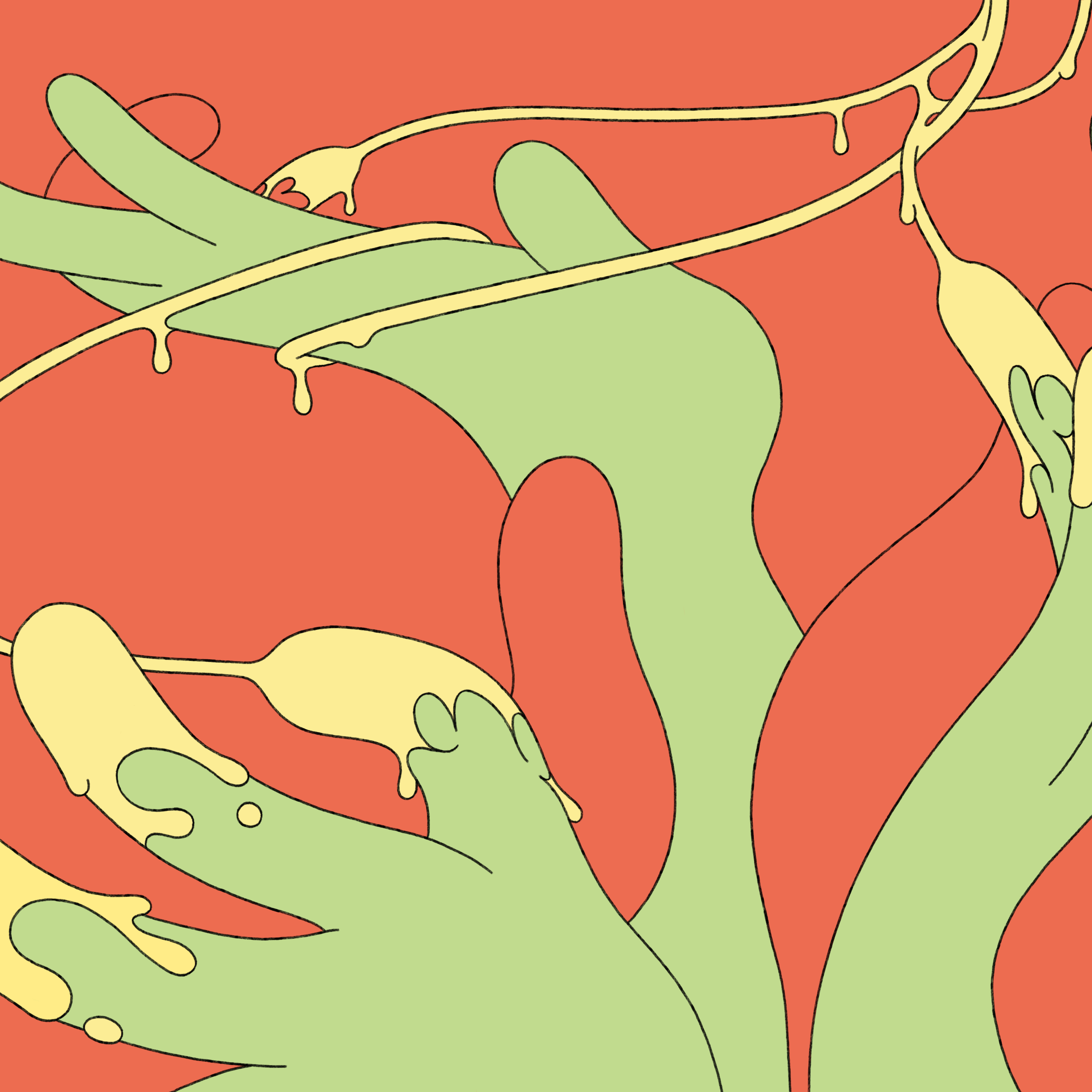 Three cartoon green hands on a red background. Some of their fingertips dripped in yellow slime, the slime is stringy like cheese.