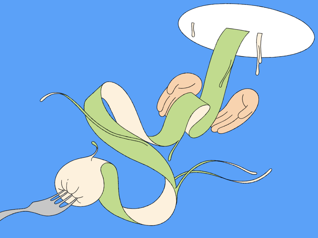 An abstract cartoon shape eats a long green twisted noodle on a fork, they hold out hands. The background is blue.