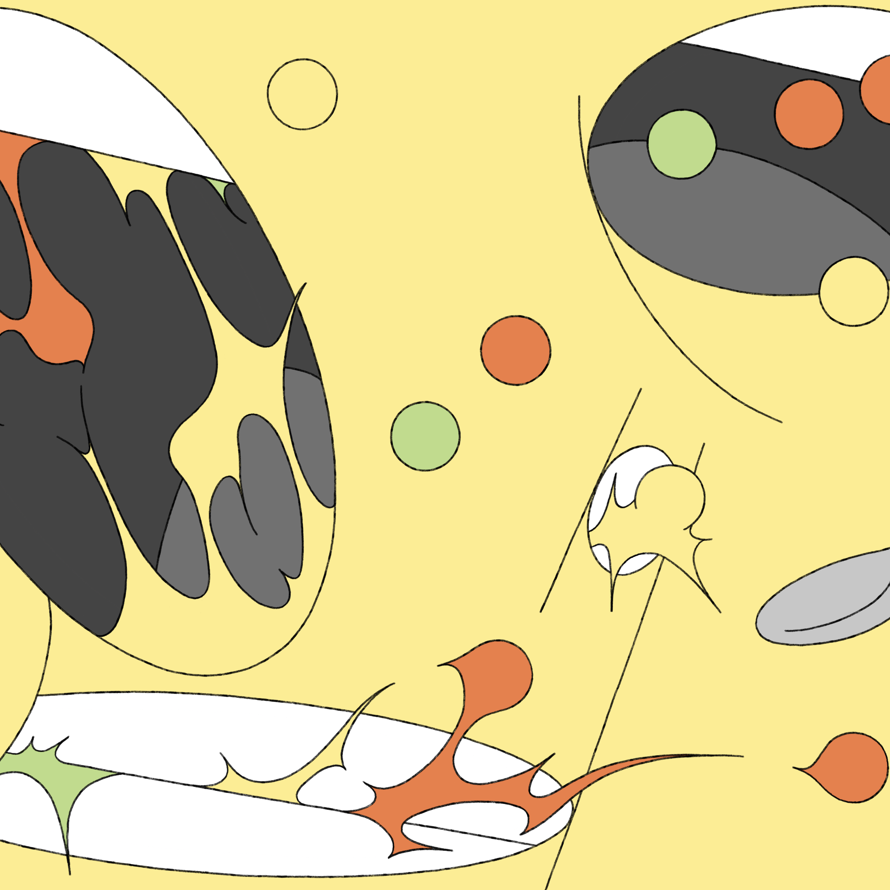 A close up of three cartoon mouths on a yellow background. A spoon feeds them multi-coloured dots food. They are chewing the dots with their mouths open.