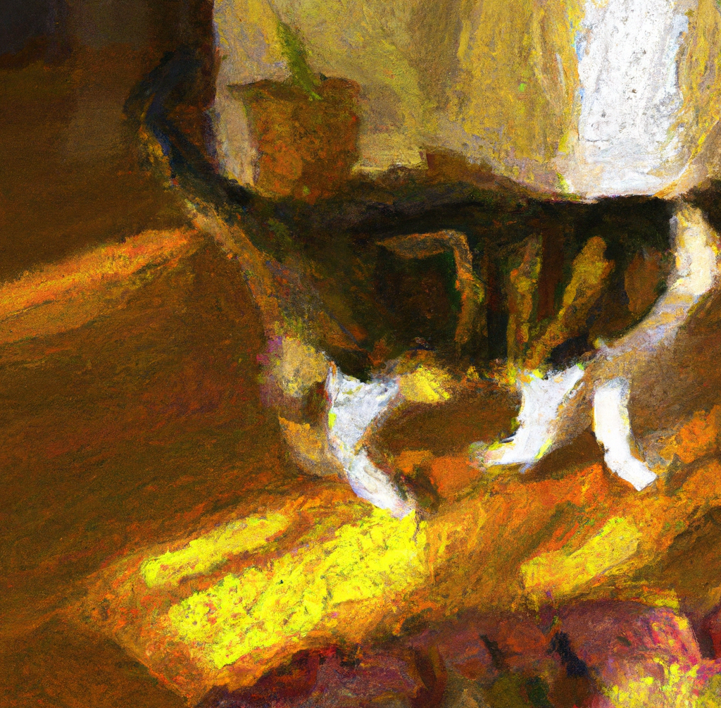 a computer-generated impressionist oil painting of a cat prowling inside a lounge room with sunlight on the floor