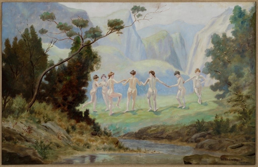 Nude girls dancing hand in hand in the wilderness