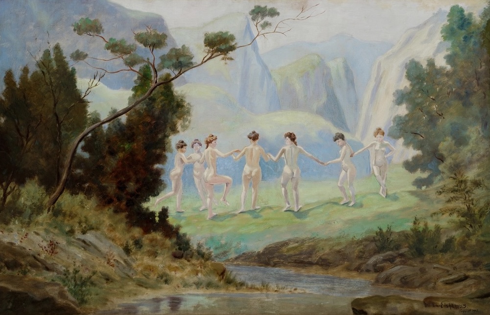 Nude girls dancing hand in hand in the wilderness