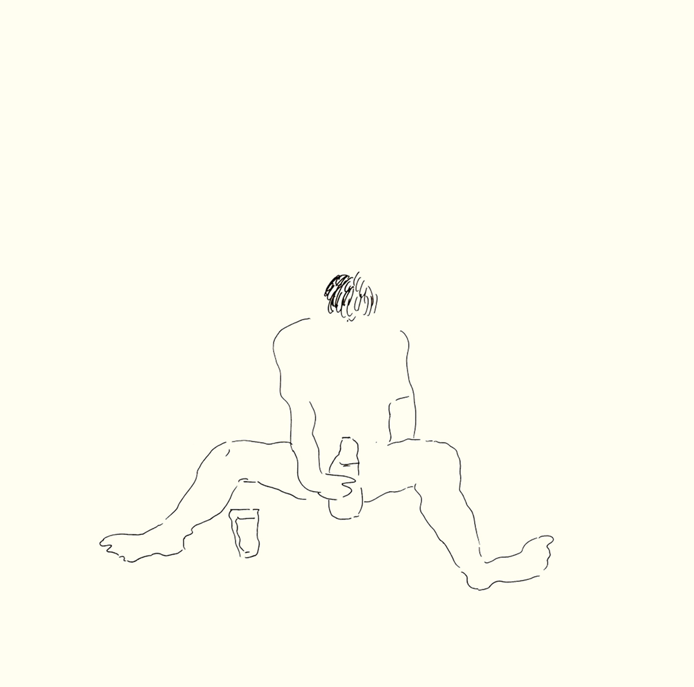 7. Figure sitting with legs apart, glass suggestively erect between their legs, figure holding glass