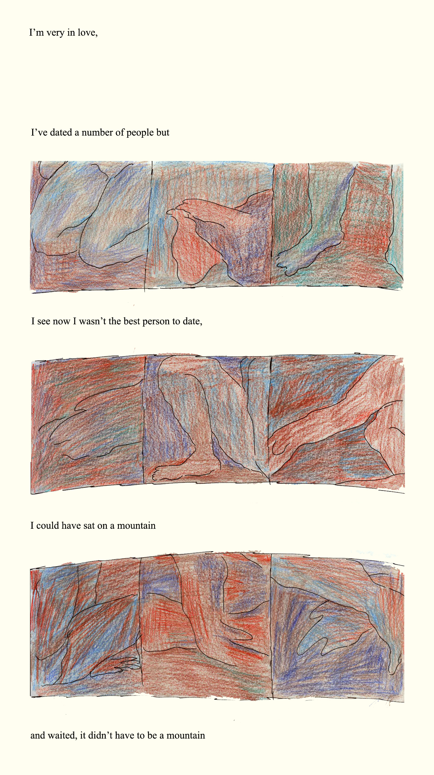 Three panels of three on the page, blue orange pink colours, all closeups of the figures body, the colours make the body merge with everything outside of their body