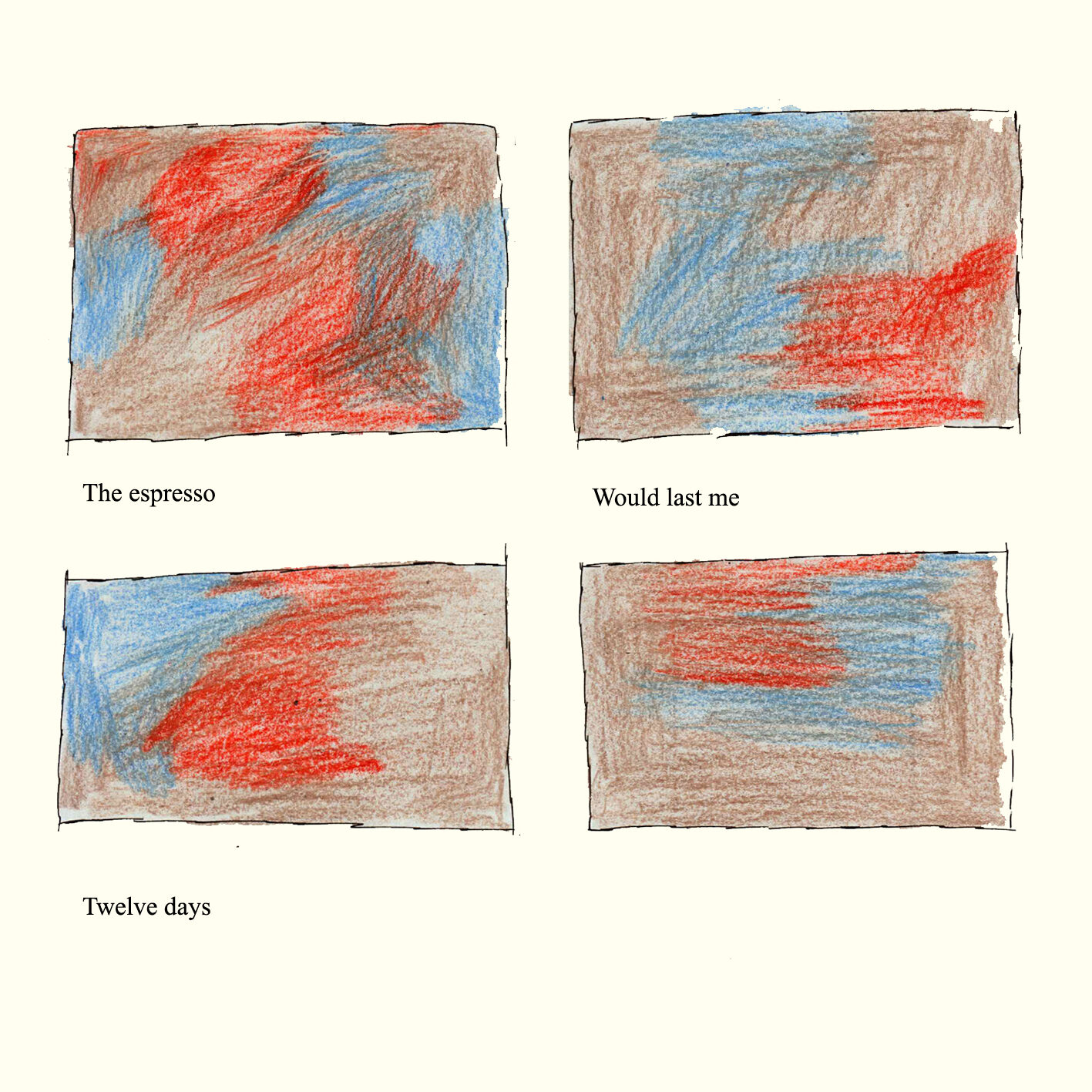 Four panels, colour drawings, blue orange brown, abstract