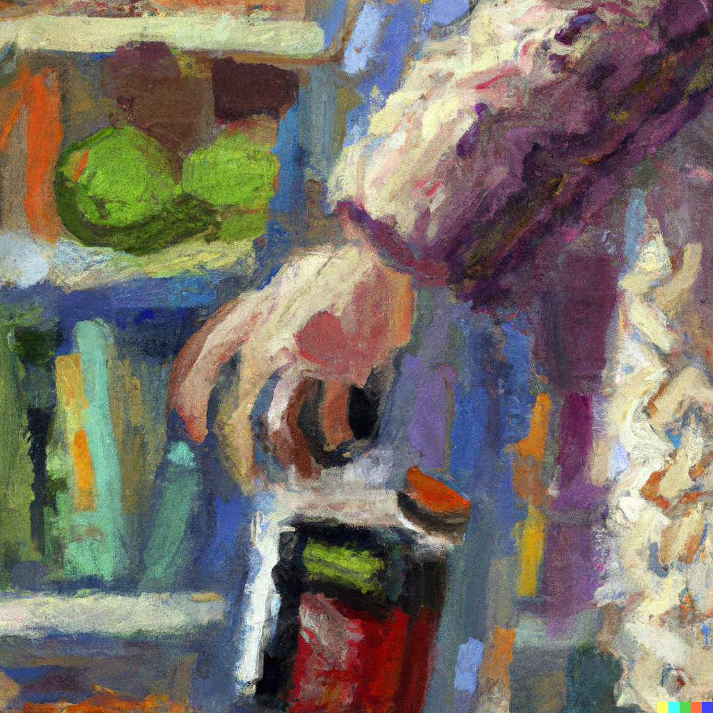 an impressionist oil painting of a hand shoplifting from the supermarket in a wool jumper