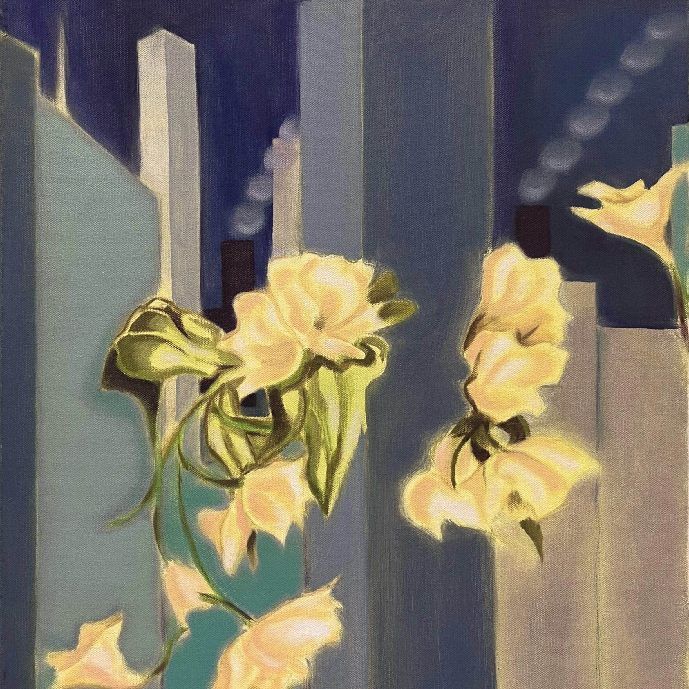 Beautiful golden flowers bloom from columns against a background of blocks and architecture.