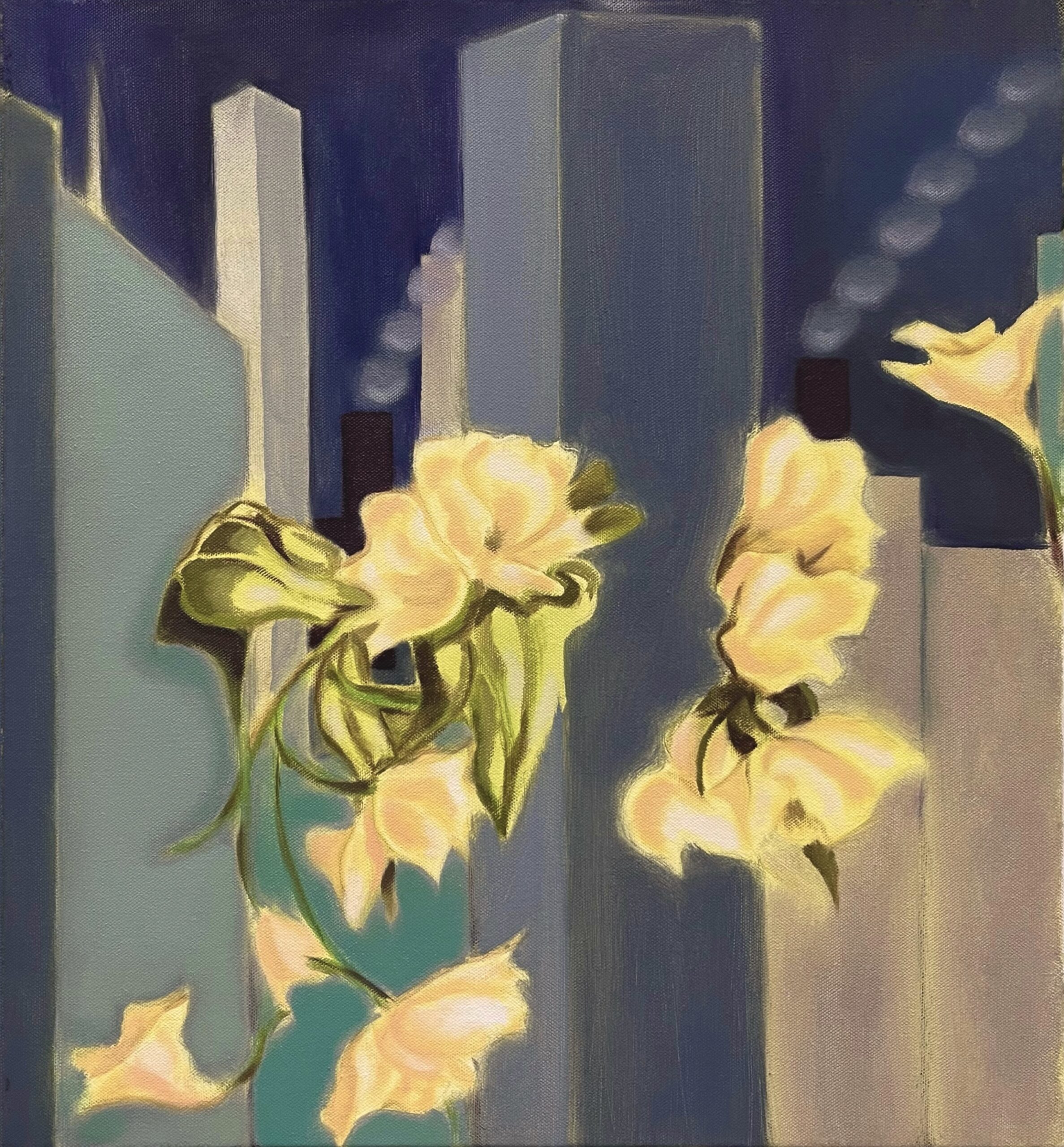 Beautiful golden flowers bloom from columns against a background of blocks and architecture.