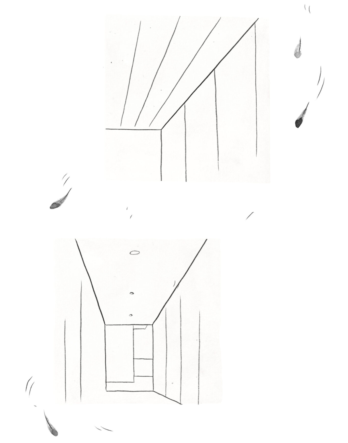 More images which cut off so as to only appear as fragments of a house. In the top right, the corner of a ceiling as it meets the wall, in the bottom left, a hallway running down to the door.
