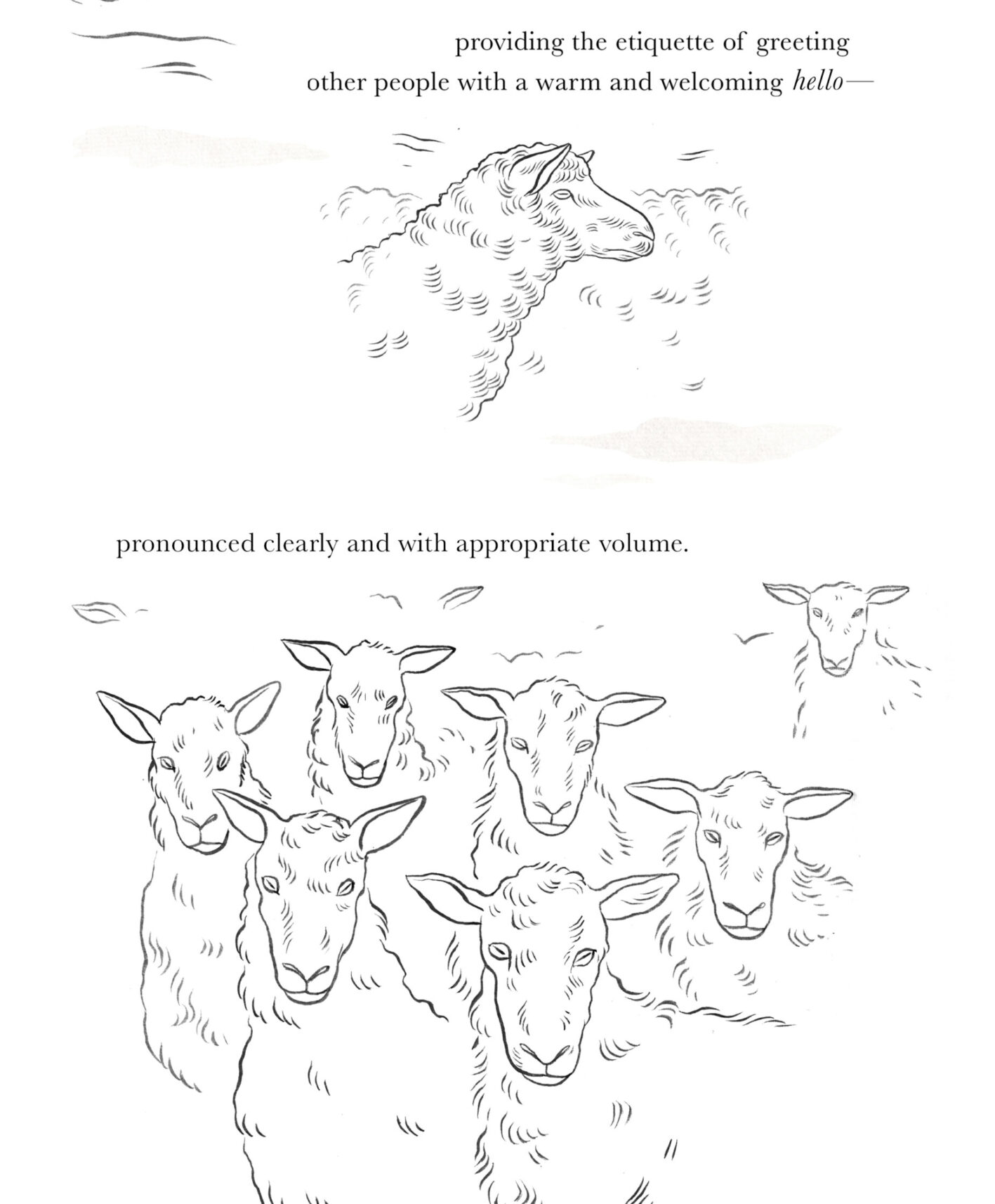 A sheep stares to the right. Then a flock of sheep stare straight at the reader. Text reads: providing the etiquette of greeting / other people with a warm and welcoming hello— / pronounced clearly and with appropriate volume.