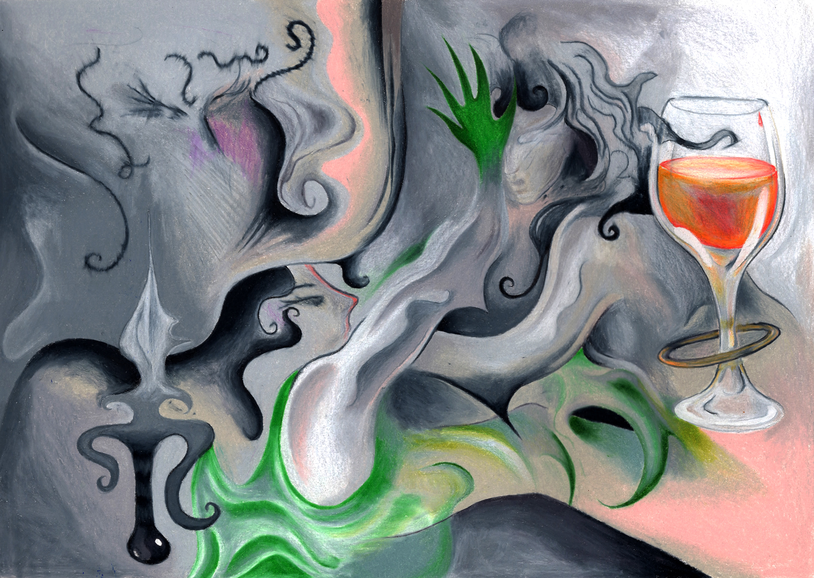 A swirling abstracted drawing in shades of grey, green and orange. Faces, hands, a dagger and a wine glass appear within the mist.