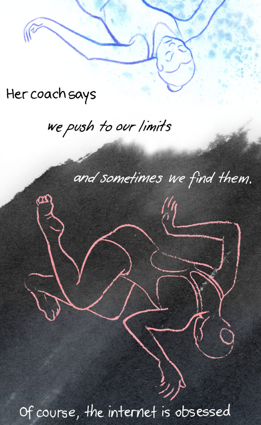 Her coach says we push to our limits and sometimes we find them. Image shows the swimmer turned away from the viewer, spinning out of control beneath the water. The background has become forebodingly dark.