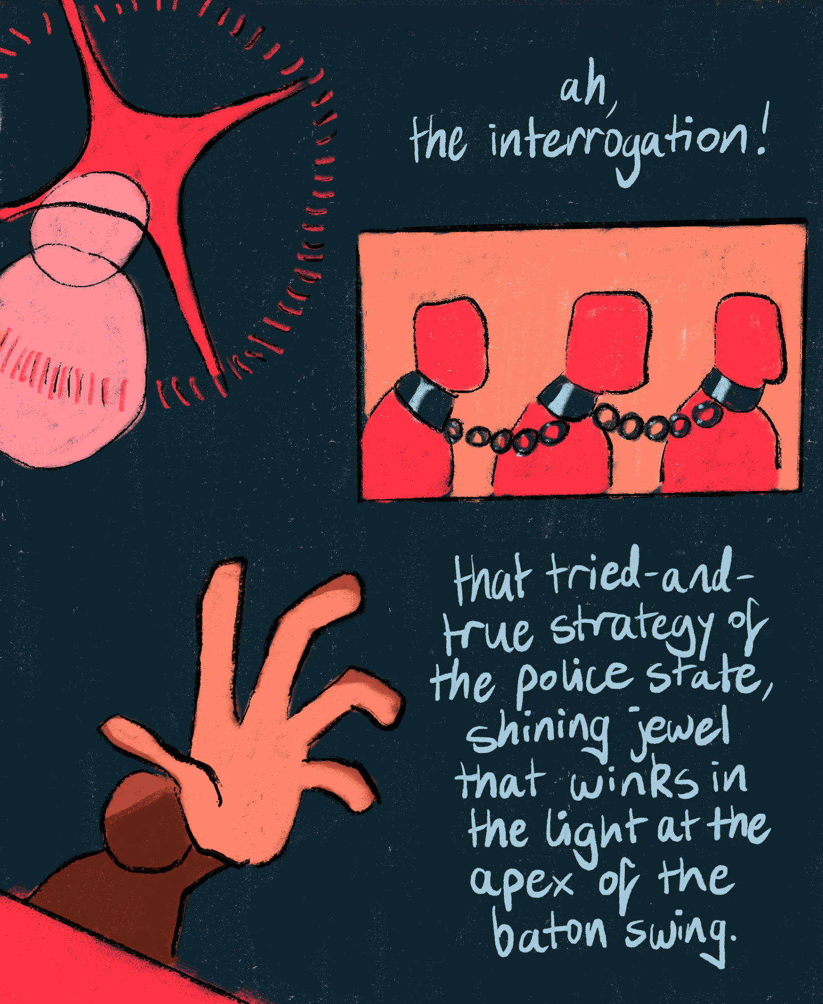 In the top-left there is a large pink lens flare. Beneath this, someone reaches up with a dramatically foreshortened hand, blocking out the light. In the top-right there is a panel of three faceless people collared and chained to each other. The narration reads, “ah, the interrogation! That tried-and-true strategy of the police state, shining jewel that winks in the light at the apex of the baton swing.”