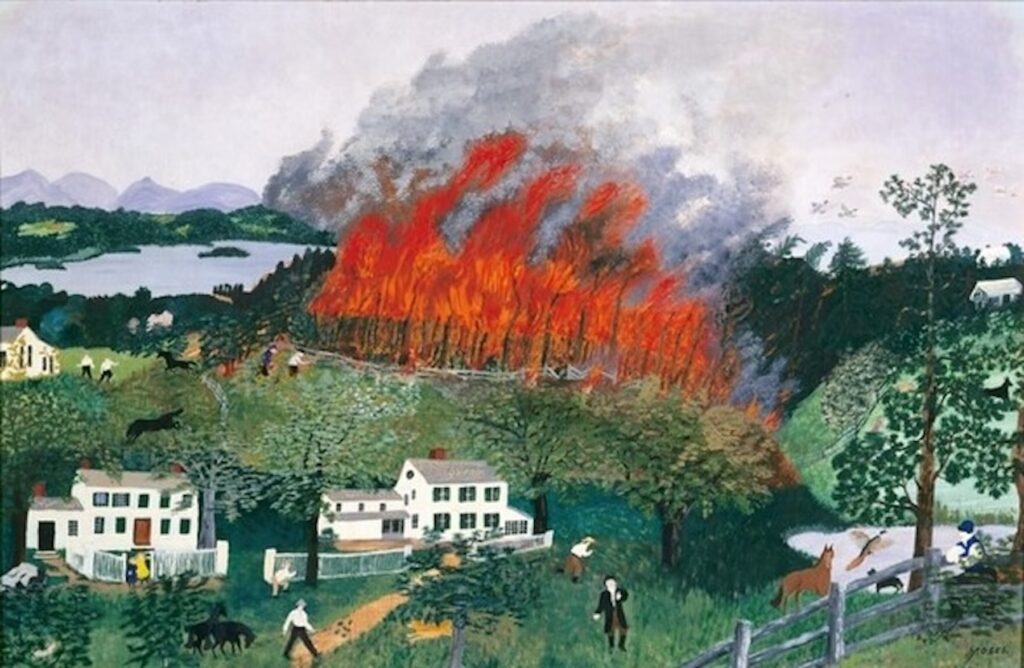 Oil painting. A Fire in the Woods, 1947